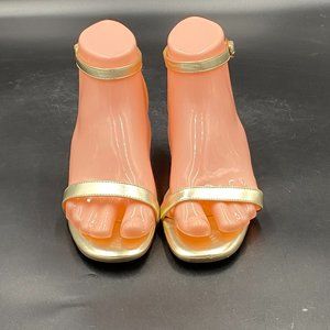 Gold Open Toe Strappy Low Block Heel Ankle Strap Pumps